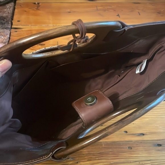 Fossil Wooden Handle Woven Boho Satchel Purse Brown - Picture 4 of 5